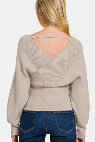 Zenana Cross Wrap Rib Long Sleeve Sweater Trendsi