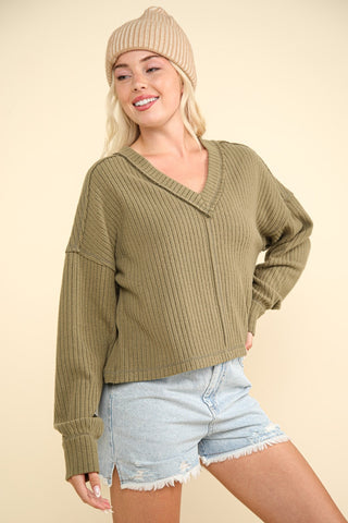 VERY J Exposed Seam V-Neck Ribbed Knit Top Trendsi