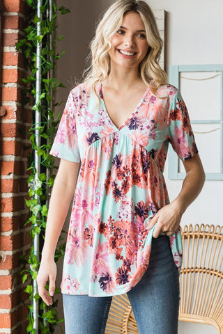 Heimish Full Size Floral V-Neck Short Sleeve Babydoll Blouse Trendsi