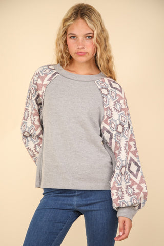 VERY J Printed Long Sleeve Round Neck Knit Top Trendsi