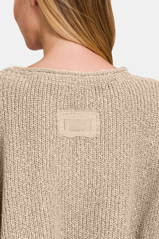 Zenana Notched Side Slit Patch Sweater Trendsi