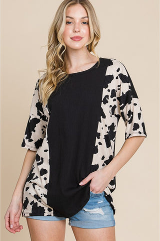 BOMBOM Rodeo Love Ribbed Animal Contrast Tee Trendsi