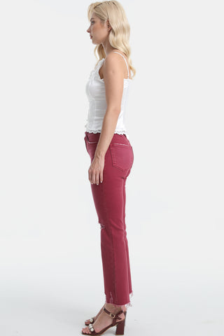 BAYEAS Full Size High Waist Distressed Raw Hem Flare Jeans Trendsi