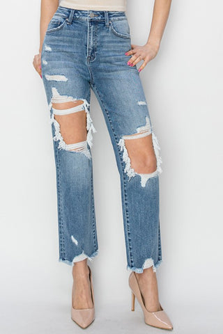 RISEN High Rise Distressed Crop Straight Jeans Trendsi