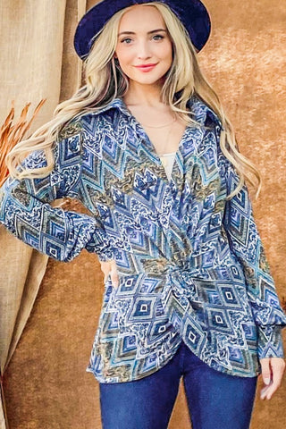 And The Why Print Twist Knot Long Sleeve Blouse Trendsi