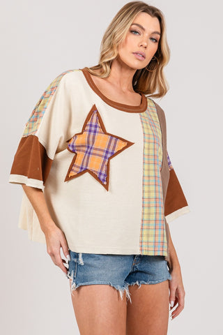 SAGE + FIG Round Neck Plaid Star Patch T-Shirt Trendsi