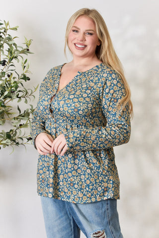 Heimish Full Size Floral Half Button Long Sleeve Blouse Trendsi