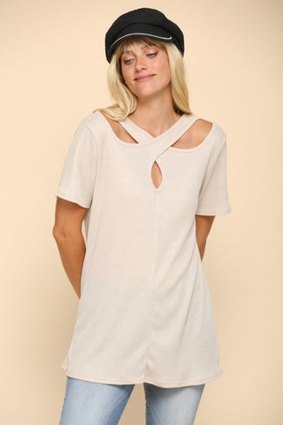 Celeste Full Size Crisscross Cutout Short Sleeve T-Shirt Trendsi