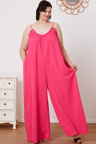 Double Take Full Size Ruffle Trim Tie Back Cami Jumpsuit with Pockets Trendsi