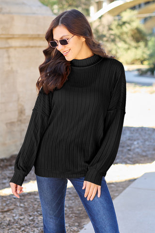 Basic Bae Full Size Ribbed Exposed Seam Mock Neck Knit Top Trendsi