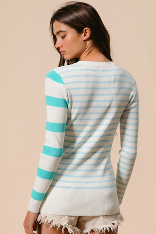 BiBi Contrast Striped Asymmetrical Hem Knit Top Trendsi