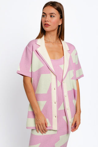 Le Lis Abstract Contrast Short Sleeve Collared Cardigan Trendsi