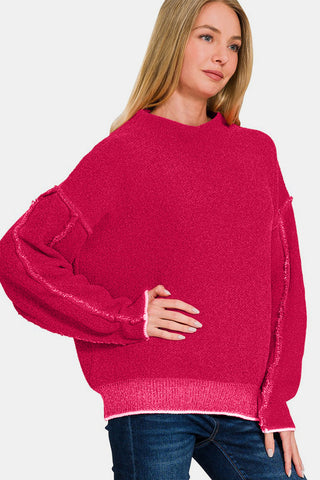 Zenana Exposed Seam Mock Neck Long Sleeve Sweater Trendsi