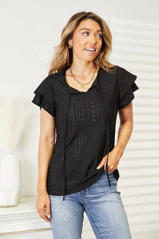 Mandy Eyelet Tie-Neck Flutter Sleeve Blouse Trendsi