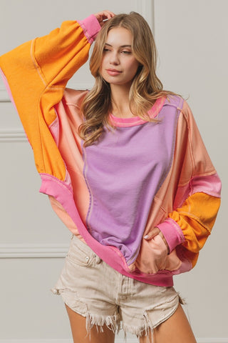 BiBi Color Block Exposed Seam Sweatshirt with Pockets Trendsi