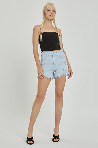 RISEN Full Size High Rise Distressed Detail Denim Shorts Trendsi