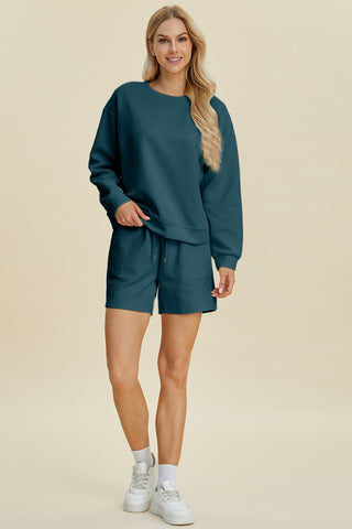 Double Take Full Size Texture Round Neck Long Sleeve Top and Shorts Set Trendsi