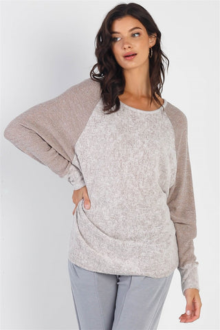 Cherish Apparel Round Neck Long Sleeve Contrast Top Trendsi