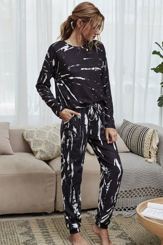 Shiny Tie-Dye Round Neck Top and Drawstring Waist Joggers Lounge Set Trendsi