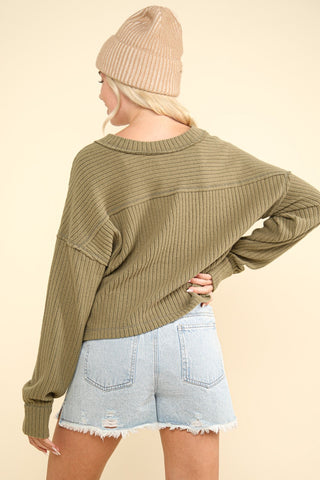 VERY J Exposed Seam V-Neck Ribbed Knit Top Trendsi