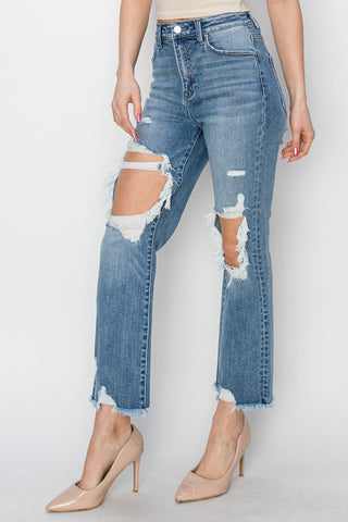 RISEN High Rise Distressed Crop Straight Jeans Trendsi