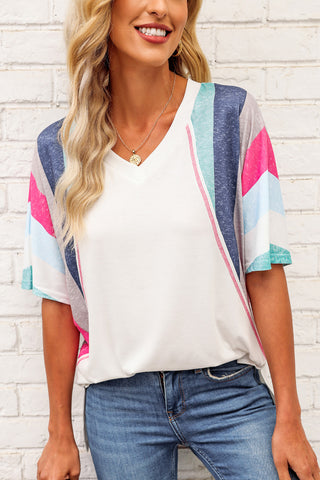 Rainbow Stripe Slit V-Neck T-Shirt Trendsi