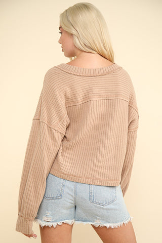 VERY J Exposed Seam V-Neck Ribbed Knit Top Trendsi