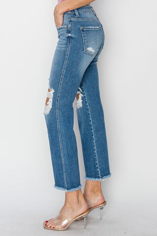 RISEN Mid Rise Distressed Cropped Flare Jeans Trendsi