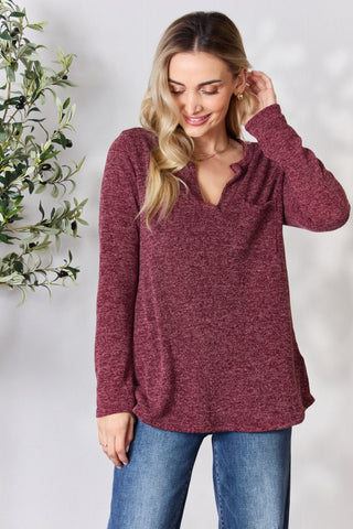 Heimish Full Size Notched Long Sleeve Top Trendsi