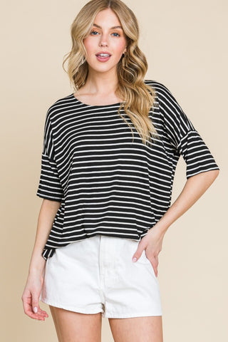 BOMBOM Striped Round Neck T-Shirt Trendsi