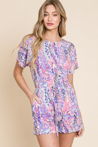 BOMBOM Print Short Sleeve Romper with Pockets Trendsi