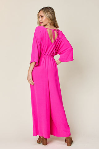 Double Take Full Size Surplice Wide Leg Jumpsuit with Pockets Trendsi