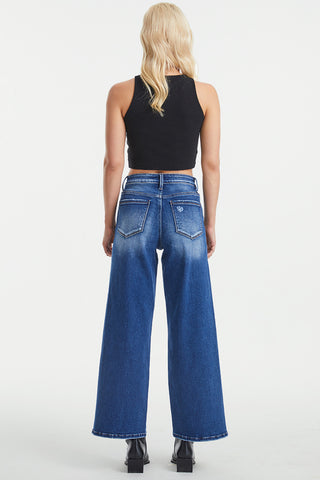 BAYEAS Full Size High Waist Two-Tones Patched Wide Leg Jeans Trendsi