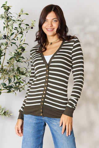 Zenana Full Size Striped Snap Down Cardigan Trendsi