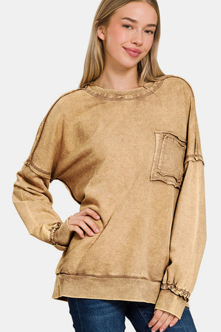 Zenana Exposed Seam Round Neck Dropped Shoulder Sweatshirt Trendsi