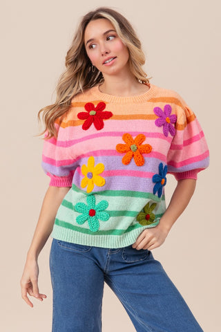 BiBi Flower Patch Puff Sleeve Striped Sweater Trendsi