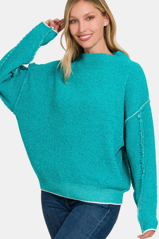 Zenana Exposed Seam Mock Neck Long Sleeve Sweater Trendsi