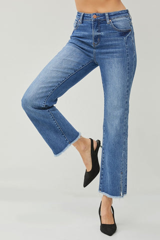 RISEN High Waist Raw Hem Slit Straight Jeans Trendsi