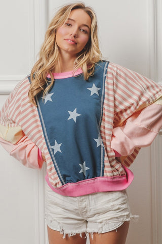 BiBi Stars and Stripes Round Neck Long Sleeve Top Trendsi