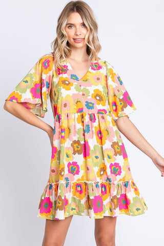 GeeGee Full Size Floral V-Neck Ruffle Trim Mini Dress Trendsi