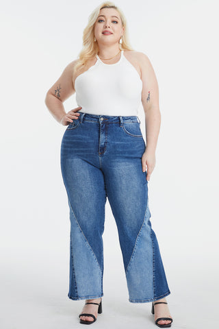 BAYEAS Full Size High Waist Two-Tones Patched Wide Leg Jeans Trendsi