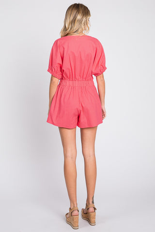 GeeGee Half Button V-Neck Linen Romper Trendsi