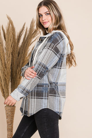 Reborn J Plaid Button Up Drawstring Hooded Jacket Trendsi