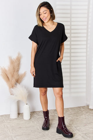 Zenana Full Size Rolled Short Sleeve V-Neck Dress Trendsi