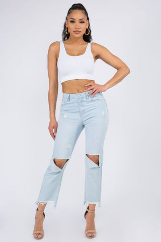 American Bazi High Waist Distressed Raw Hem Jeans Trendsi