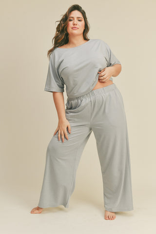 Kimberly C Full Size Short Sleeve Cropped Top and Wide Leg Pants Set Trendsi