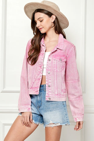 Veveret Button Up Cropped Denim Jacket Trendsi