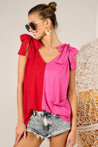 BiBi Shoulder Ribbon Tied Contrast Tank Trendsi