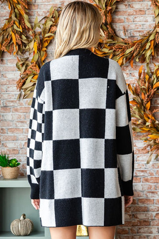 First Love Checkered Open Front Long Sleeve Cardigan Trendsi