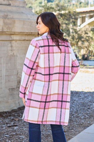 Double Take Full Size Plaid Button Up Lapel Collar Coat Trendsi